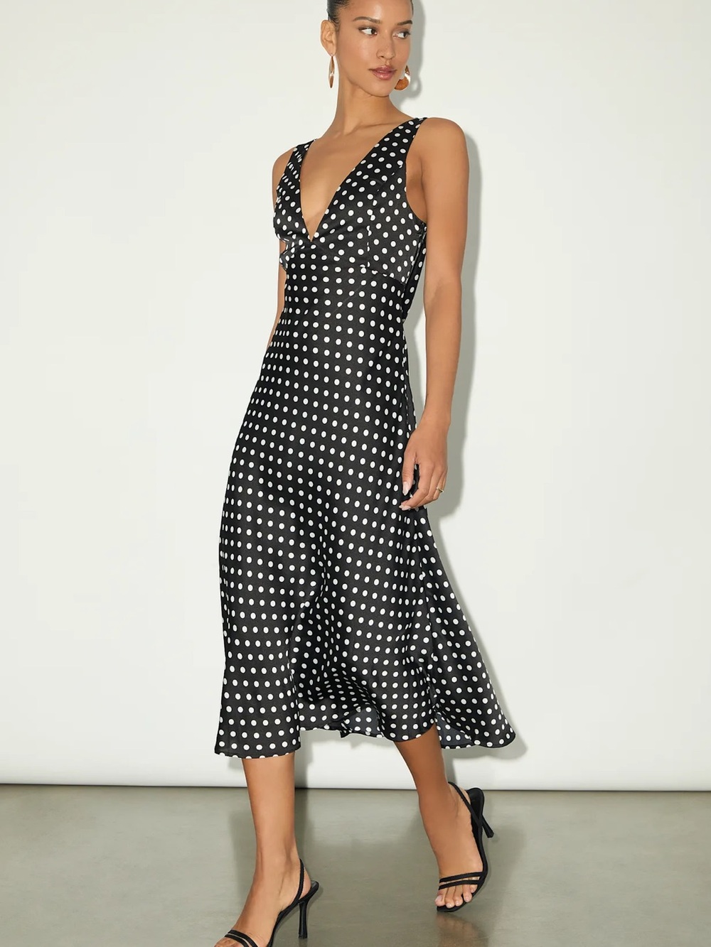 Lulu's NWT Incredible Love Black Polka Dot Satin Cowl Back Midi Slip Dress SZ L